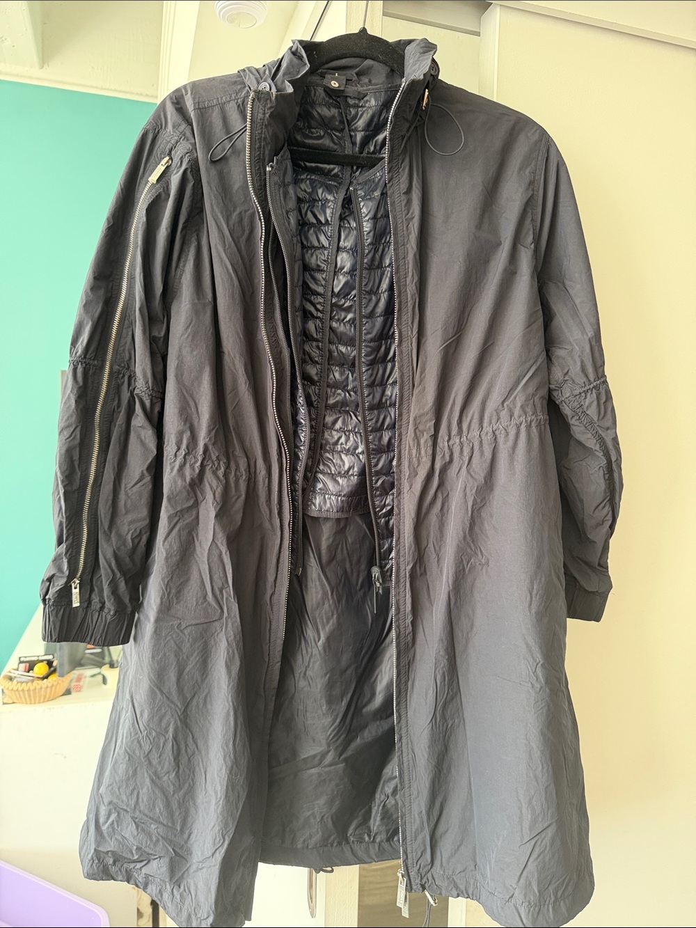Armani Collezioni Navy and Black Detachable Quilted Liner Hooded Coat